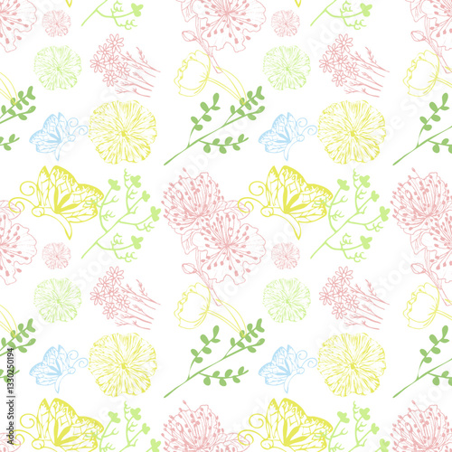 pattern con delicati fiori pastello e farfalle, sfondo natura