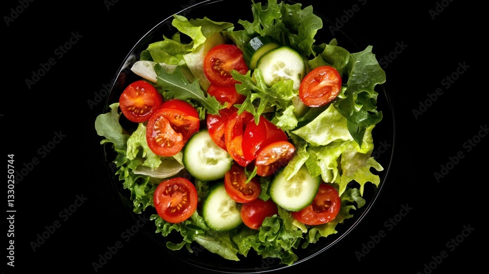 Fresh salad. Green lettuce, sliced cucumbers and tomatoes fill a black bowl, against black background Fresh salad. Green lettuce, sliced cucumbers and tomatoes fill a black bowl, against black background