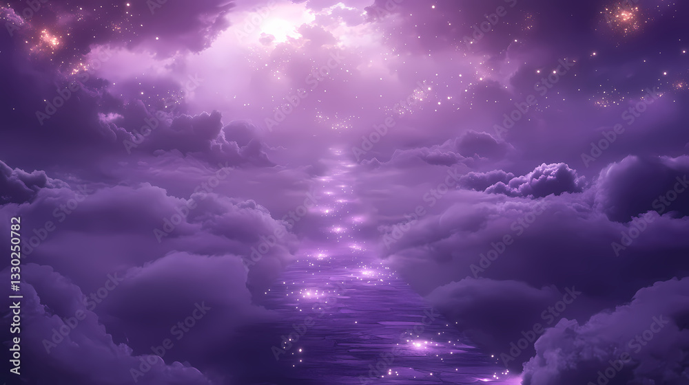 Obraz premium Illuminated pathway through purple mist with sparkling lights and soft clouds in an ethereal setting. Elysian Radiance. Illustration