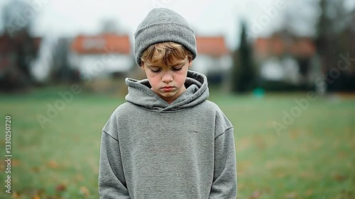 Sad young Caucasian boy standing alone outdoors in an empty field, looking downward. Concept of childhood loneliness and emotional isolation.