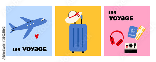 Minimalist travel card set with airplane, baggage, and travel essentials. Perfect for greeting cards, posters, or social media to wish a 'Bon Voyage' or celebrate travel moments.