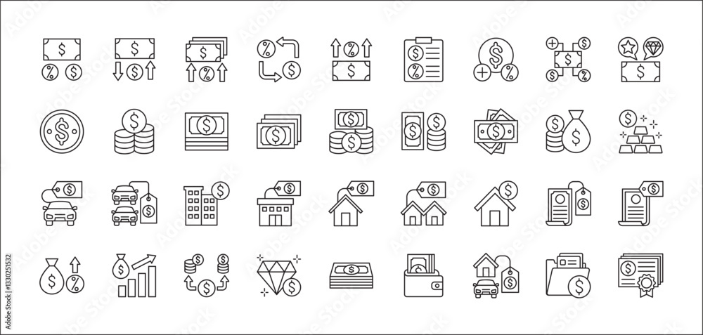 Finance business icon set. Financial management icons. Icons set contains symbol of money, profit, interest, company asset, resource, wealth, inventory, property, value. Vector stock illustration. Finance business icon set. Financial management icons. Icons set contains symbol of money, profit, interest, company asset, resource, wealth, inventory, property, value. Vector stock illustration.