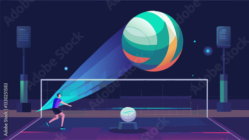 During a volleyball match a lifelike hologram visualizes the velocity and trajectory of each serve and spike.. Vector illustration