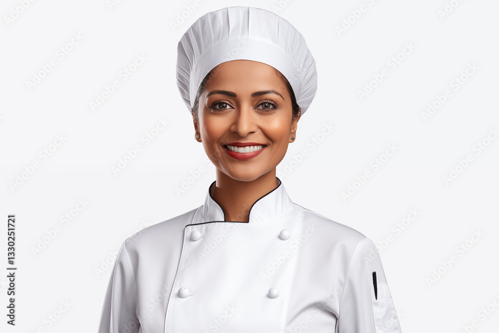 Smiling Indian women chef in white background. Showcasing passion for food, culinary skills, and vibrant flavors. Perfect for food culture. Cook recruitment. India. Smiling Indian women chef in white background. Showcasing passion for food, culinary skills, and vibrant flavors. Perfect for food culture. Cook recruitment. India.
