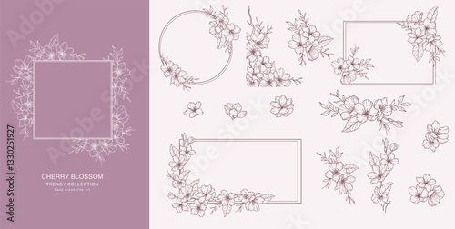 Cherry Blossom Line Art. Trendy floral branches and flowers. Botanical Line Art Sakura Collection. Hand drawn line art cherry blossom flowers. Luxury Line Floral Art. Cherry Blossom Outline
