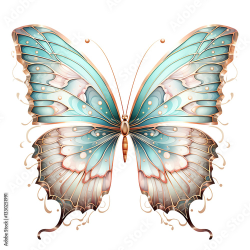 butterfly on white background Elegant Turquoise and Gold Butterfly Illustration