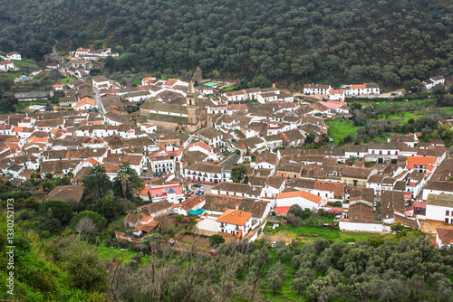 Scenic Aerial View of Alajar Village and Surrounding Hills in Andalucia, Spain