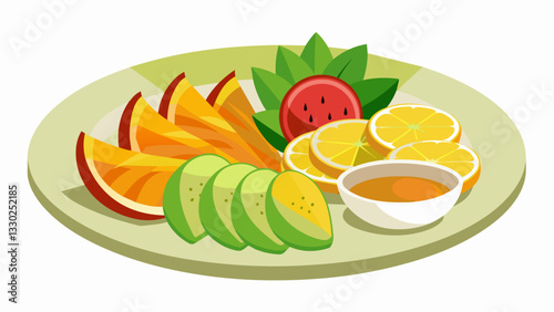 An assortment of sliced fruit neatly arranged on a white platter with a side of honey for dipping.. Vector illustration