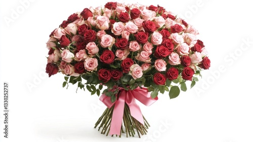 Rose bouquet red, pink blooms. Ribbon tied