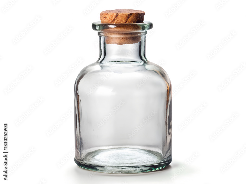 Clear glass jar with cork lid minimalist design on white background Clear glass jar with cork lid minimalist design on white background