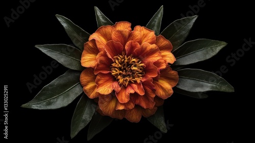 Orange flower with dark leaves, center focus on black
