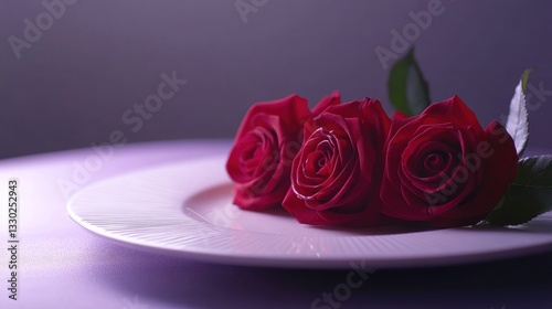 Crimson roses rest gracefully on a white plate