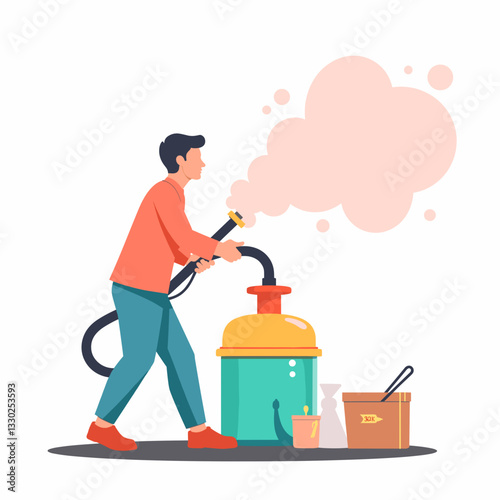 Enthusiastic man operating a steamer in a minimalistic setting, creativity