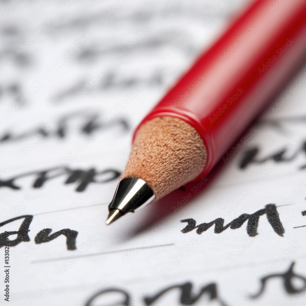 Fototapeta premium Red pencil rests on a page filled with flowing cursive script
