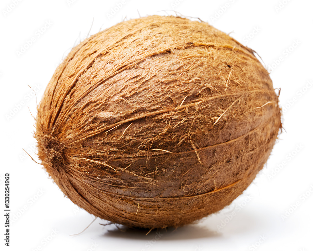 Whole coconut with brown fibrous husk on white background Whole coconut with brown fibrous husk on white background