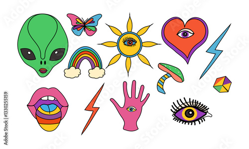A collection of colorful retro cartoon illustrations including an alien, rainbow and other groovy elements