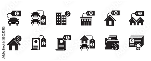 Company asset icon set. Business wealth icons. Property asset value symbol. Icon collection compatible for corporate property, wealthy, inventory, management, resource, financial. Vector illustration