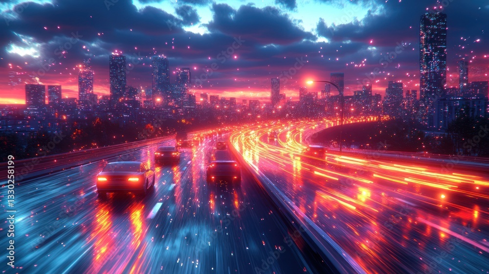 Naklejka premium Busy city highway at night with streaks of light from moving cars, dynamic paper cut style