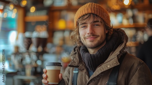 Close-up portrait of a barista, holding a coffee cup, coffee shop background