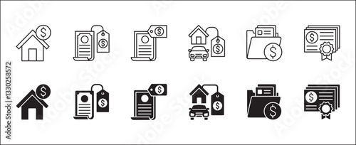 Company asset icon set. Business wealth icons. Property asset value symbol. Icon collection compatible for corporate property, wealthy, inventory, management, resource, financial. Vector illustration