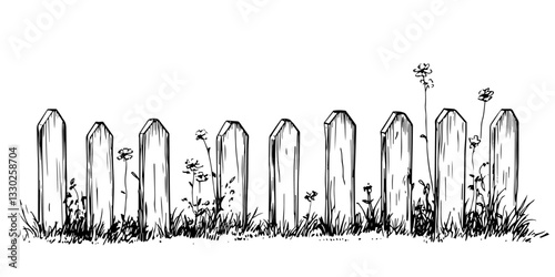 wooden picket fence in the countryside doodle sketch vector illustration