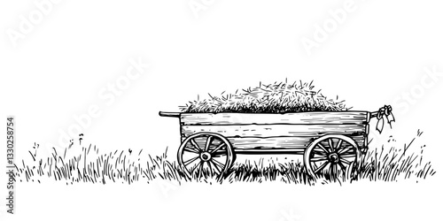 wooden cart loaded with hay or straw doodle sketch vector illustration