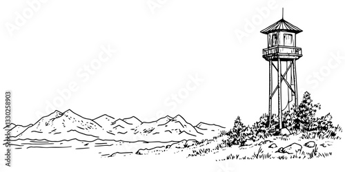 watchtower with mountain backdrop doodle sketch vector illustration