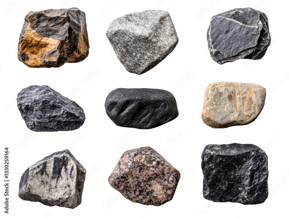 Collection of various rocks showcasing unique textures and colors on a transparent background, cut out Collection of various rocks showcasing unique textures and colors on a transparent background, cut out