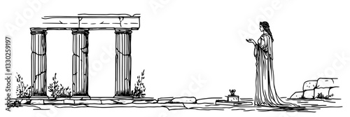 greek woman and ancient greek temple with columns doodle sketch vector illustration