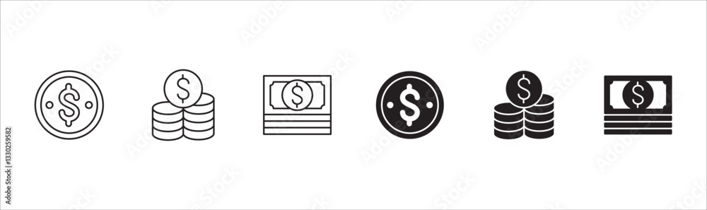 Obraz premium Money business icon set. Cash wealth icons. Company asset symbol. Icon set contains cash, balance, finance, fund, coin, paper money, digital financial, payment. Vector stock illustration.