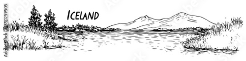 icelandic nature landscape sketch doodle vector illustration engraving vintage nordic scenery