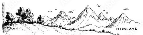 himalayan mountains sketch doodle vector illustration engraving vintage nature landscape