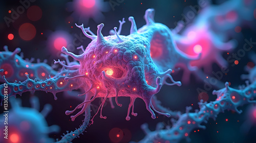  Neon Alien Bacteria Merging into a Glowing Fractal Structure