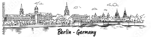 berlin riverside skyline sketch doodle vector illustration engraving vintage germany cityscape