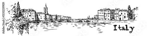 italian riverside city sketch doodle vector illustration engraving vintage europe landscape