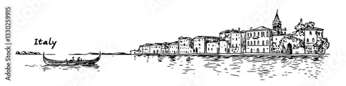 venice waterfront sketch doodle vector illustration engraving vintage italian scenery