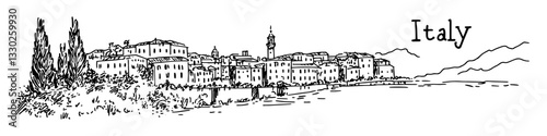 italian hill town sketch doodle vector illustration engraving vintage landscape