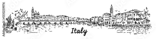 italian city waterfront sketch doodle vector illustration engraving vintage europe scenery