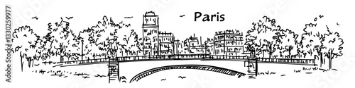 paris city bridge sketch doodle vector illustration engraving vintage urban scenery