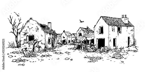 abandoned war village sketch doodle vector illustration engraving vintage destroyed houses