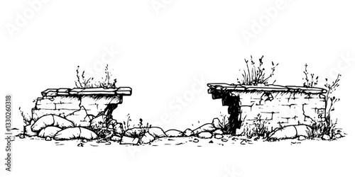 broken bridge ruins sketch doodle vector illustration engraving vintage abandoned structure