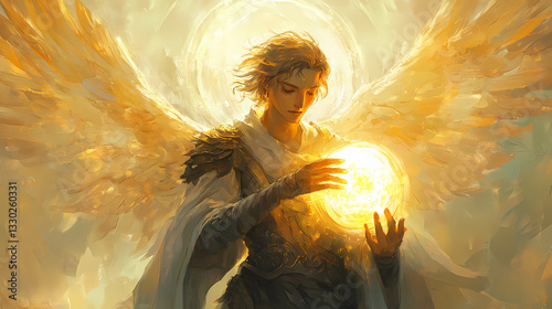 A serene illustration of archangel uriel holding glowing orb, radiating warmth and light. Elysian Radiance. Illustration