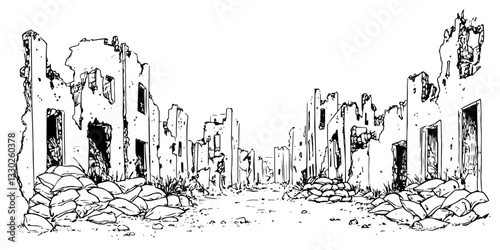 war ruins city sketch doodle vector illustration engraving vintage destroyed buildings
