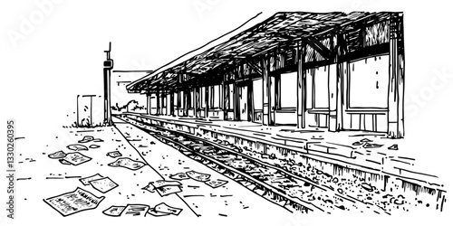 abandoned railway station sketch doodle vector illustration engraving vintage train platform