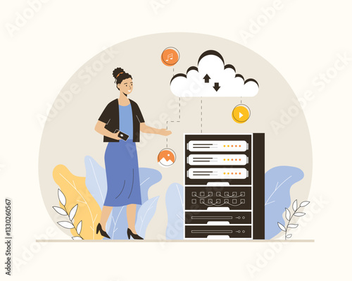 Cloud technology, remote data storage, data center, remote database, data server, cloud computing, Saas. Flat vector illustration.