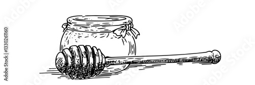 jar of honey with honey dipper doodle sketch vector illustration