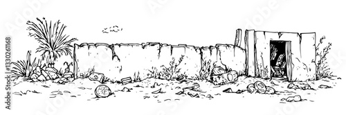 entrance to old ruined bunker doodle sketch vector illustration