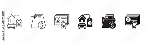 Company asset icon set. Business wealth icons. Property asset value symbol. Icon collection compatible for corporate property, wealthy, inventory, management, resource, financial. Vector illustration