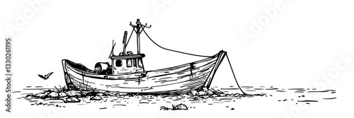 fishing boat wreck on shore doodle sketch vector illustration