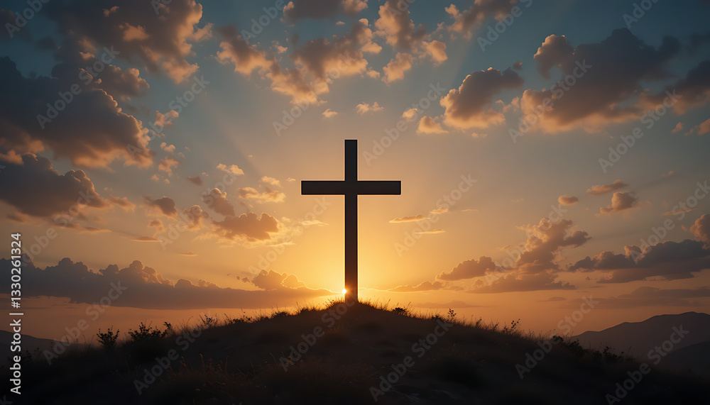 A solemn scene of a cross on a hill at sunset, with a soft glow illuminating the sky, reflecting the peaceful yet reflective atmosphere of Good Friday 4k realistic A solemn scene of a cross on a hill at sunset, with a soft glow illuminating the sky, reflecting the peaceful yet reflective atmosphere of Good Friday 4k realistic
